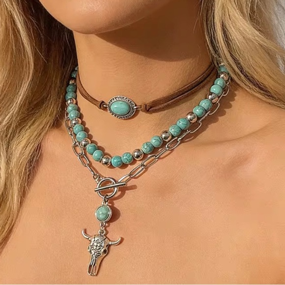 Western Turquoise Layered Necklace Set – Boho Cowgirl Statement Jewelry Cowgirl - Picture 2 of 4